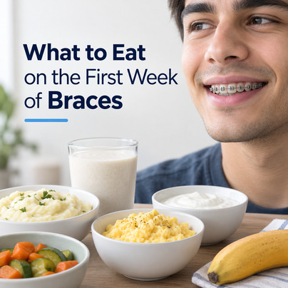 Man wearing braces with food in front